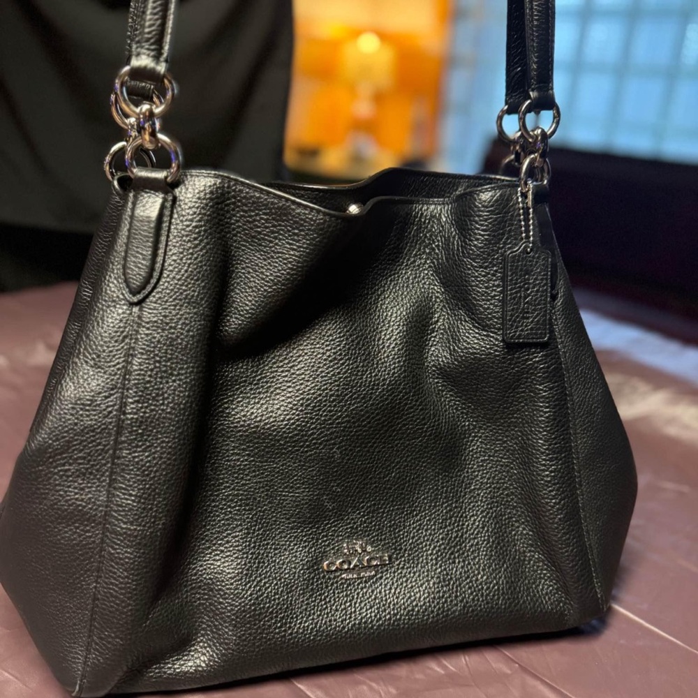 Coach Pebble Leather Hallie Shoulder Bag Black
